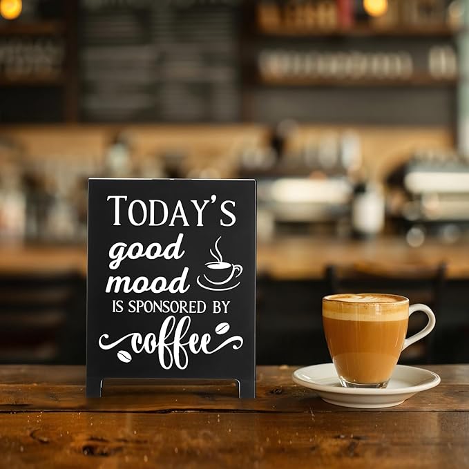 Today's Good Mood Is Sponsored By Coffee Desk Decor Sign Retro Coffees Shop Table Display for Home Office Kitchen Bar Cafe Counter Bookshelf Christmas Gift for Coffees Lovers Barista Friends