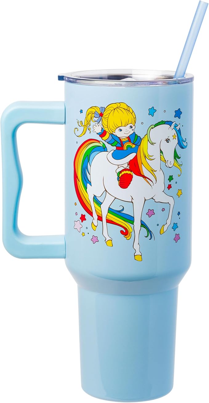 Silver Buffalo Rainbow Brite Featuring Starlite Stars Double Walled Stainless Steel Tumbler with Handle and Straw, Fits in Standard Cup Holder, 40 Ounces