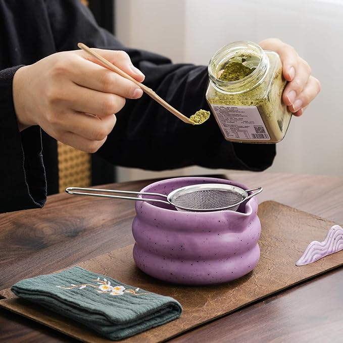 7Pcs Japanese Matcha Tea Set, Matcha Kit with Matcha Bowl (with Pouring Spout), Matcha Whisk, Whisk Holder, Strainer - Elegant Matcha Set for Gifting and Personal Use, Gift Box Packaging (Purple;)