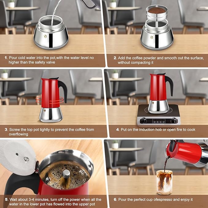 6 Cup Stovetop Espresso Maker Stainless Steel Moka Pot Stove Top Percolator Italian Coffee Makers Capable Mocha Greca Machine Cafe Classic Induction Cookers for Home and Camping 300ml 10oz