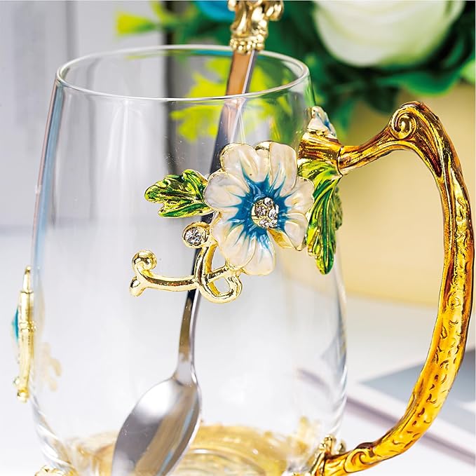 Flower Tea Cup,Butterfly Daisy Glass Fancy Coffee Mug with Spoon,Gift Box for Her Mom Wife Grandma Girls Friends Valentines Christmas Birthday Present Idea for Juice,Hot/Cold Drinks Use