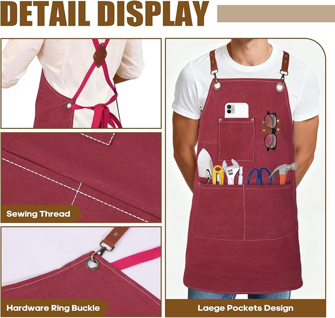 Aprons For Women Men With Large Pockets, Waterproof Cotton Chef Aprons For Cooking Server Grilling Bbq Kitchen - Image 2