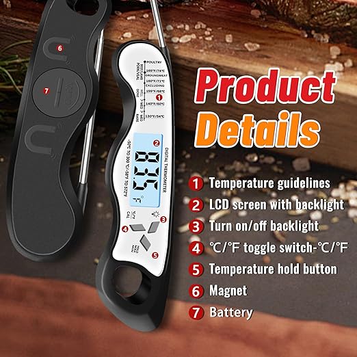 Meat Thermometer, IP67 Waterproof Digital Meat Thermometer with Backlight, Hold Function & Magnet for Grill, BBQ, Candy, Beef,Turkey