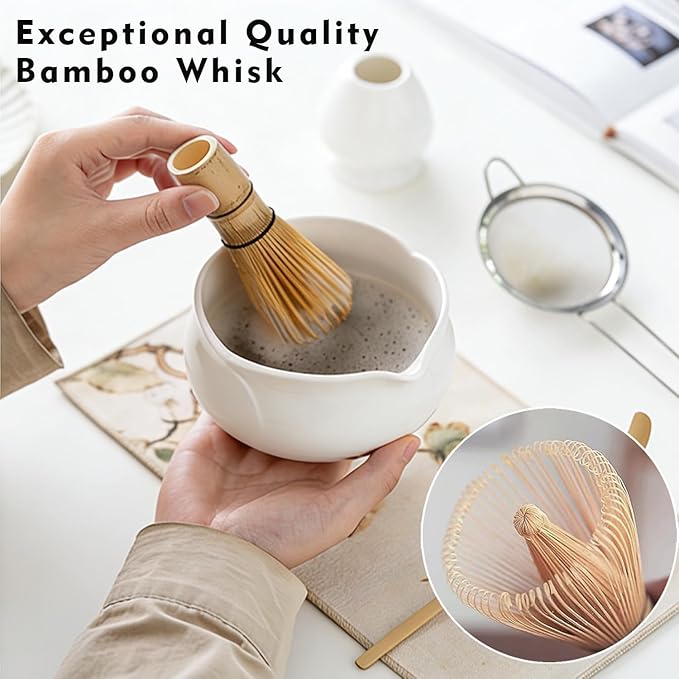 5Pcs Matcha Set Bowl and Whisk, White Ceramic Matcha Set Kit, Complete Matcha Making Kit Gift for Ceremony Matcha Tea Lover