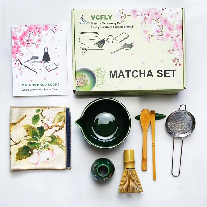 Matcha Whisk Set,8 Pcs Ceramic Matcha Set for Ceremony,Matcha Whisk kit with Bowl,Bamboo Whisk and Holder,Scoop,Sifter,Gift for Matcha Lovers Family and Friend Green