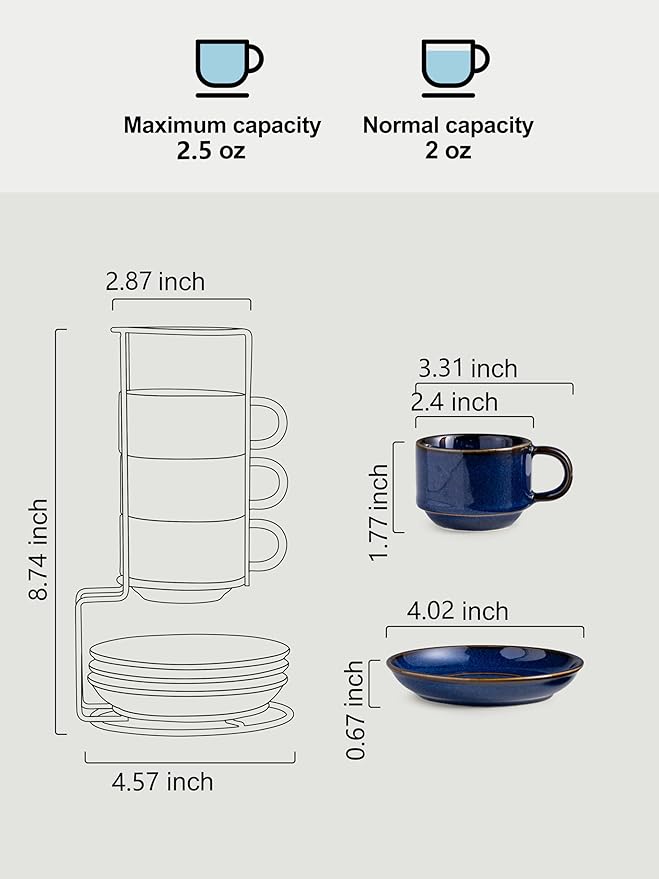 Gomakren 2.5 Ounce Espresso Cups Set of 4, Small Stackable Coffee Cups with Saucers and Metal Stand, Valentine Porcelain Demitasse Cups for Specialty Coffee Drinks, Espresso, Cappuccino, Cobalt Blue
