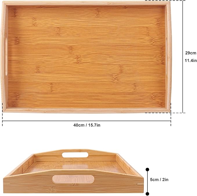 2 PCS Bamboo Serving Tray, Breakfast Bed Tray with Handle, 15.8 x 11.4 x 2 Inch Wood Serving Tray for Serving, Breakfast Bed Trays for Eating, Decor, Displaying Cake, Fruit