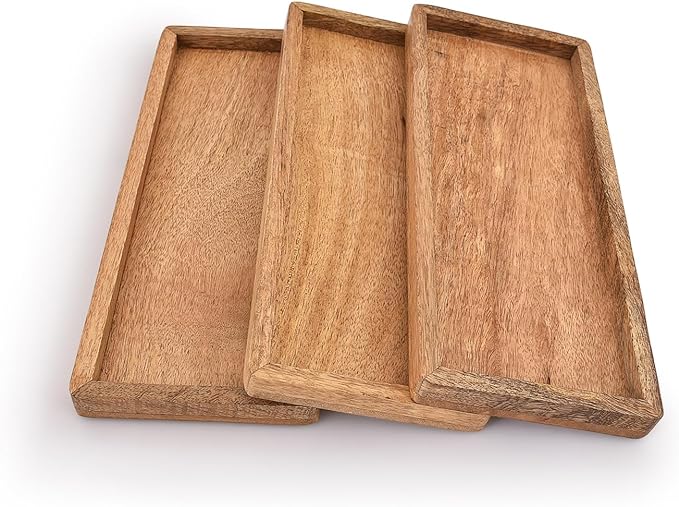 Samhita Mango Wood Serving Platter with Raised Edge -Set of 3 for Display Fruit Snacks Appetizer Sushi Food Decorative (12" x 5" x 0.75")