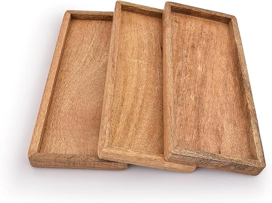 Samhita Mango Wood Serving Platter with Raised Edge -Set of 3 for Display Fruit Snacks Appetizer Sushi Food Decorative (12" x 5" x 0.75")