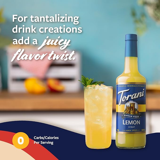 Torani Sugar Free Syrup, Lemon Flavoring for Drinks, Zero Calorie, Glass Bottle with Pump Included, 25.4 Fl Oz