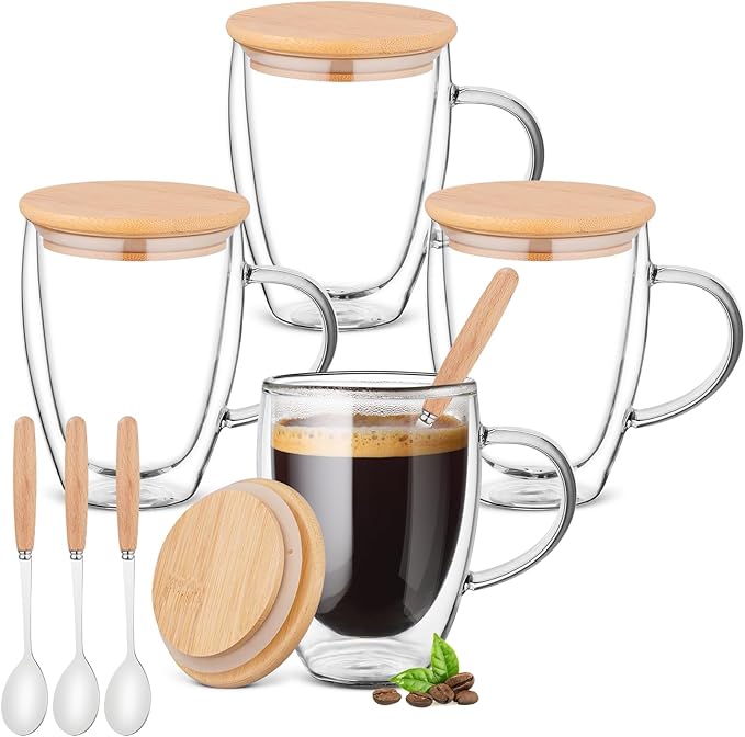 4 Pack Double Walled Glass Coffee Mugs with Bamboo Lid/Spoon, Insulated Coffee Cups with Handle, Cappuccino Latte Glasses Cup, Clear Glass Mugs for Hot Drinks Tea Milk Juice Ice Cream (350ml)