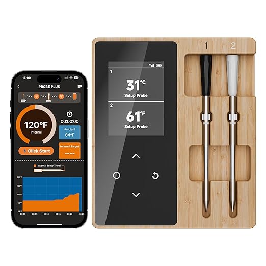 Meat Thermometer Digital,with Dual Ceramic Probes/Standalone Display Base 3000FT Range Smart Real-time Monitoring ±0.5°F Accuracy,for BBQ/Oven/Grill/Smoker/Air Fryer