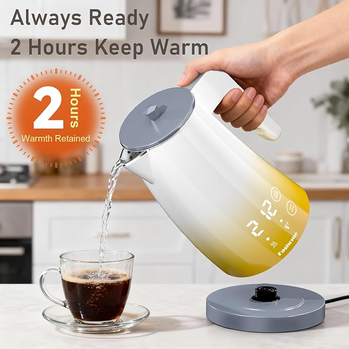 Electric Kettle with Temperature Control, 5 Preset Temps & 2H Keep Warm, 1200W Quiet Water Boiler, BPA-Free Double Wall Cool Touch, Digital Display, 360° Base – Yellow Gradient