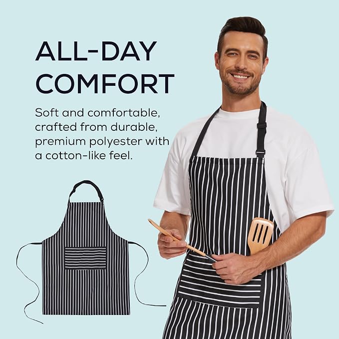 Will Well 2 Pack Bib Apron For Men & Women with 2 Pockets - Black Stripe | Unisex 33'' x 27'' Oil & Water Resistant Soft Kitchen Chef Apron with Adjustable Neck Strap & 38'' Waist Ties for Snug Fit - Image 4