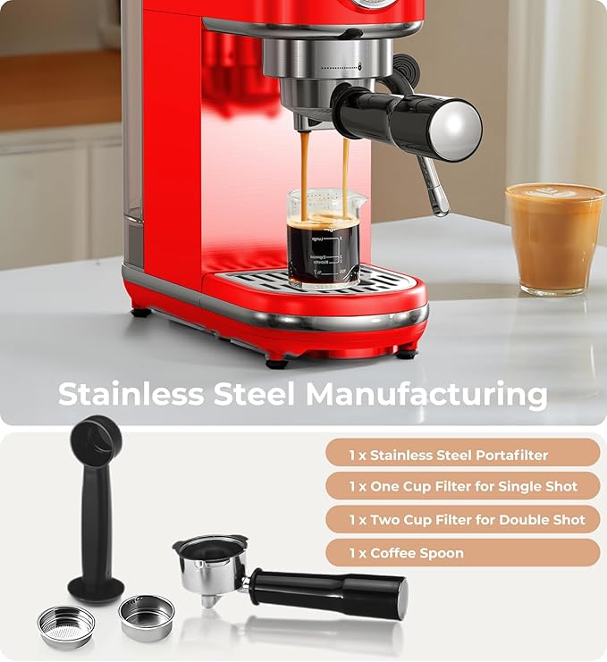 20 Bar Espresso Machine with Milk Frother, Compact Espresso Maker, Stainless Steel Coffee Machine with Precise Temp Control & 44oz Removable Water Tank for Latte, Cappuccino, Red