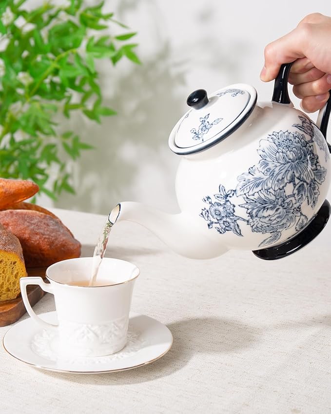 45 Ounce Tea Pot with Infuser, Ceramic Blue and White Teapot, Flowers and Branches