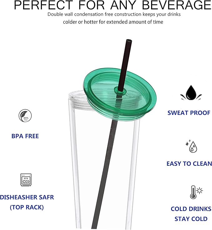Suertestarry 24 oz Clear Tumblers with Lid and Straw, 3 Pack Plastic Tumblers, Reusable Double Wall Insulated Cups for Travel,Parties, Birthdays,Gifts(3, Transparent+Black+Green)