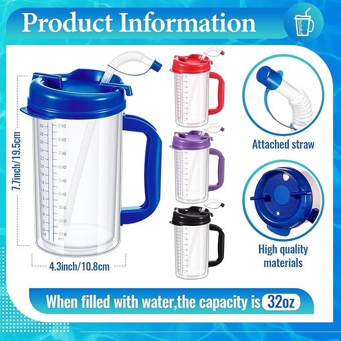 4 Pcs 32 oz Hospital Water Cup with Straw and Lid Insulated Double Walled Water Cup with Handle and Straw Elderly Bottle Plastic Drinking Carafe Insulated Mug (Red,Blue,Black,Purple)