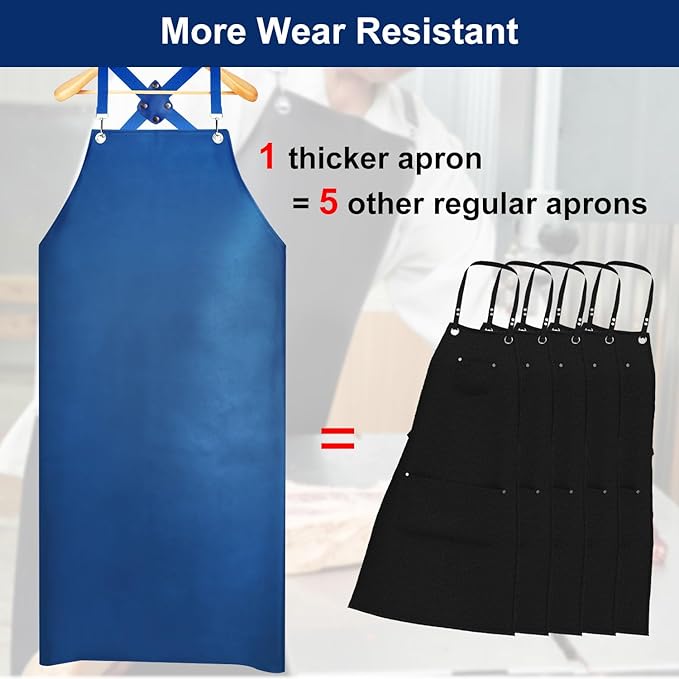 SHEOMERN Heavy Duty Vinyl Industrial Anti-Tear Apron, 43" x 26" Waterproof, Chemical Resistant, Blue, Unisex-Adults