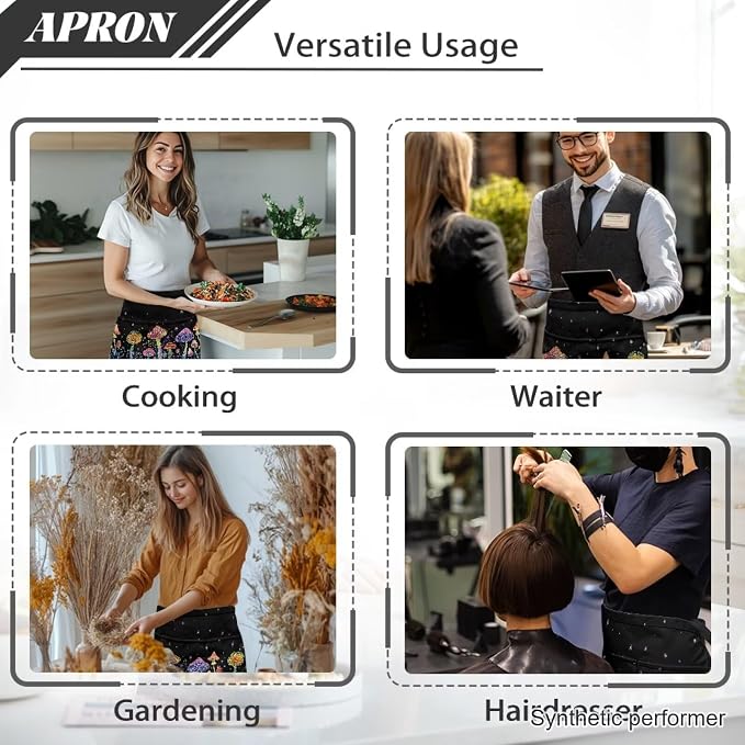 Waist Apron with 3 Pockets Waterproof 13 Inch Short Half Waist Aprons Women Men Server Aprons Waitress Waiter Apron - Image 5