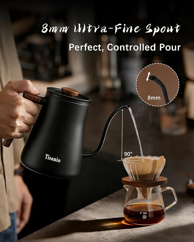 Gooseneck Electric Kettle for Pour Over Coffee, ±1°F Temperature Control, Smart Heating, 304 Stainless Steel, Fast Boil & 2-Hour Keep Warm, 0.9L,Wood Black