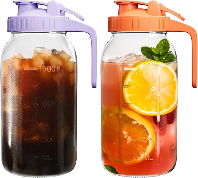 2 Pack Mason Jar Pitcher – Airtight & Leakproof Glass Pitcher with Lid, 2 Quart (64 oz) 1/2 Gallon Mason Jar with Pour Spout Lid, Ideal for Breastmilk, Cold Brew, Sun Tea and Coffee