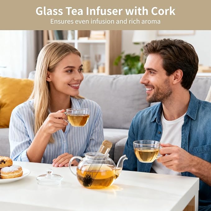 6 Pcs Glass Tea Infusers for Loose Tea, Transparent Glass Loose Leaf Tea Steeper,Reusable Loose Long Leaf Tea Infuser, Tea Organizer Set, Stylish Cork Lid Design with Measuring Marks