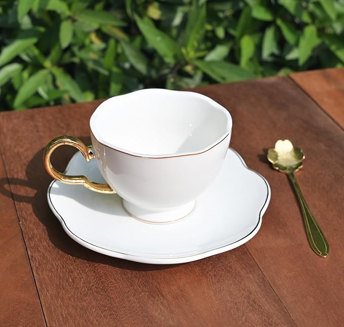 British Coffee Cup 3 Piece Set（6.8oz） Household Fashional Tea Cup with Saucer Spoon (white-A)