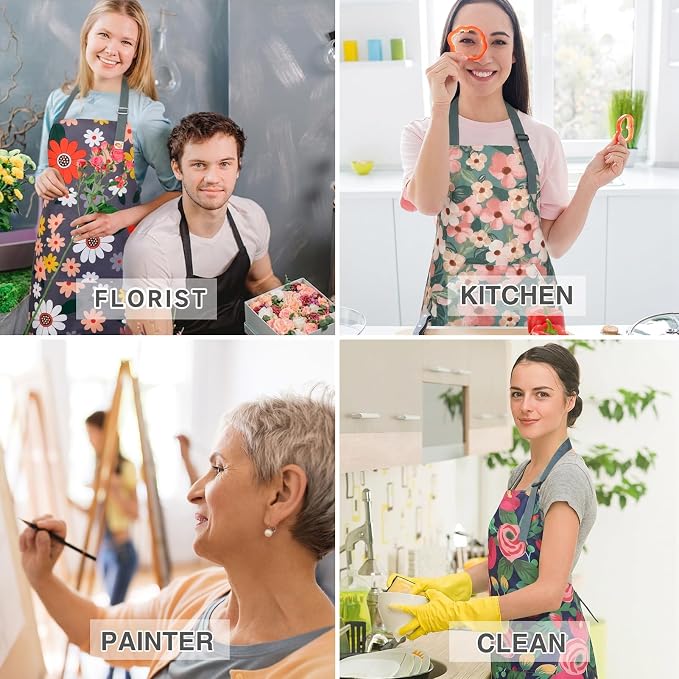 BOUMUSOE 3 Pack Floral Aprons with Pocket, Blooming Womens Aprons | Waterproof Adjustable Cooking Aprons for Kitchen Gardening and Salon - Image 5