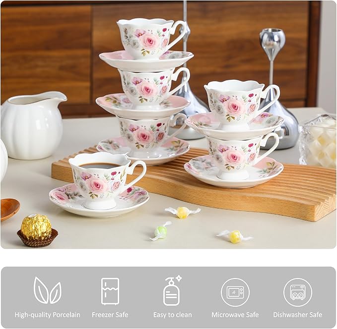 Porcelain Demitasse Set of 6 (12-Piece) - 2.5oz Espresso Cups & Saucers with Romantic Pink Floral Pattern, Dishwasher & Microwave Safe