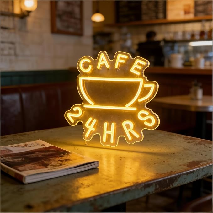 Cafe 24 HRS Neon Sign, Coffee Cup Accent USB Powered Decorative Neon Light for 24 Hour Cafe Shop Restaurant Home Wall Table Food Service Theme Decor 16.1 x 15 In - Image 4