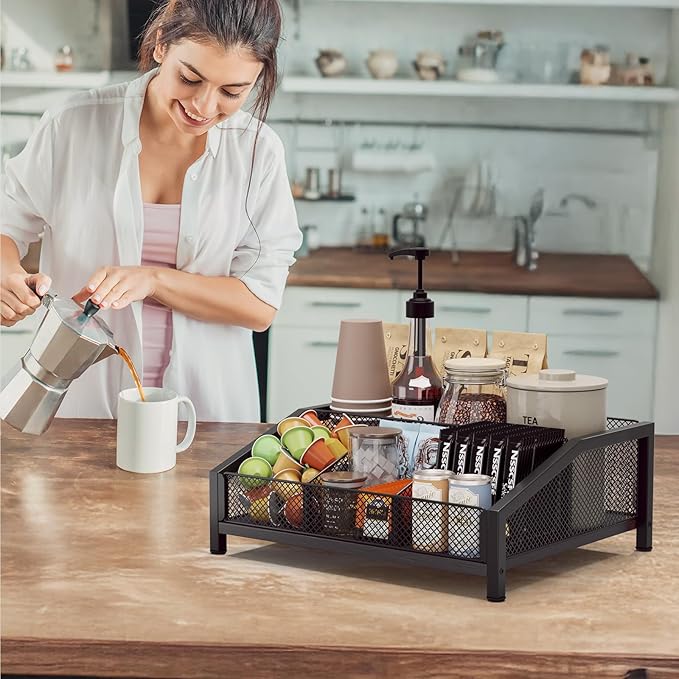 Homsorout Coffee Station Organizer - Coffee Bar Organizer with Removable Dividers for Pods Condiment Syrup Tea Stirrers, K Cup Holder for Kitchen, Office, Home, Countertop, Black