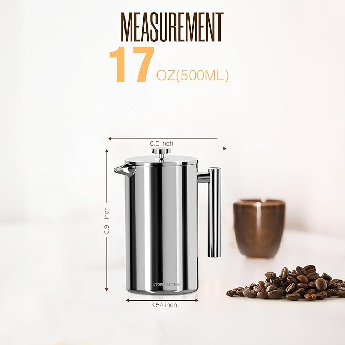 Utopia Kitchen 304 Grade Stainless Steel French Press Coffee Maker 17 Oz, Double Wall Insulated Coffee Press with 4-Level Filtration system, Include 2 Extra Filters, Rust-Free, Dishwasher Safe, Silver