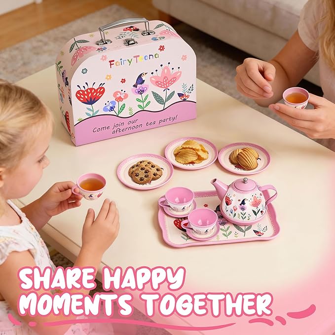 Floral Tea Party Set for Little Girls Ages 3-6, 15-Piece Pretend Play Kitchen Toys with Teapot, Cups, Plates & Storage Case, Princess Gift Set (Pink)