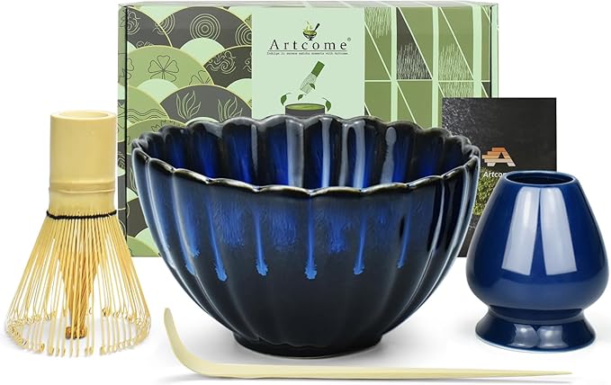 Artcome Matcha Tea Set - 17oz Petal-Shaped Matcha Bowl, Bamboo Whisk, Scoop, Whisk Holder & Brewing Guide - Japanese Tea Ceremony Tools for a Perfect Matcha Experience, Dark Blue