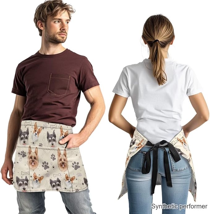 Waist Apron with 3 Pockets Waterproof 13 Inch Short Half Waist Aprons Women Men Server Aprons Waitress Waiter Apron - Image 2