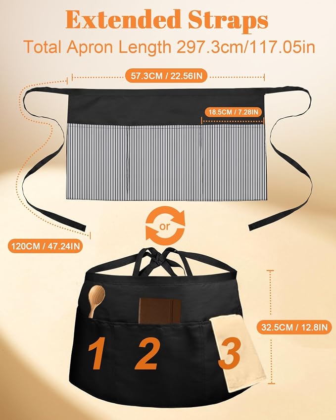 Slohif Reversible Server Apron 6 Pockets - Waist Apron for Waitress Women Half Serving Short Apron for Waiter - Image 2