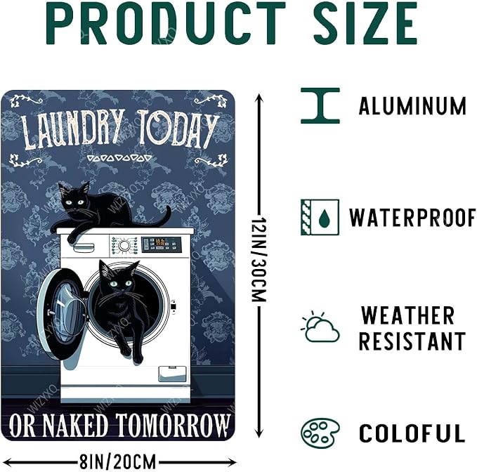 Funny Black Cat Metal Signs Cat Laundry Today Or Naked Tomorrow Vintage Tin Sign Retro Wall Decor for Laundry Room Bathroom Bedroom 8×12 Inches - Image 2