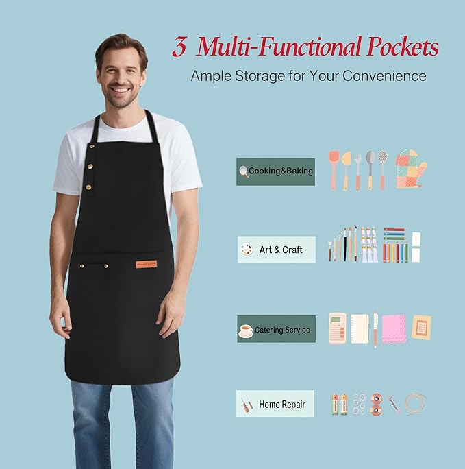 Kitchen Cooking Apron for Women Men Water-Resistant Artist Barista Baking Craft Catering Work Bib with Large Pockets