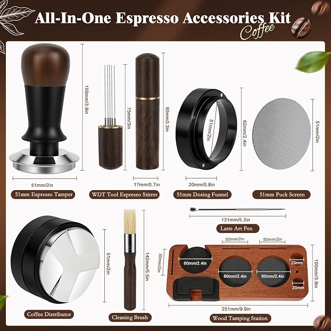 8 PCS Espresso Accessories Kit, 51mm Espresso Tamper Kit Coffee Tamper Set with Coffee Distributor, Espresso Tamping Station, WDT Tool, Dosing Funnel, Fits Delonghi 51mm Portafilter - Image 3