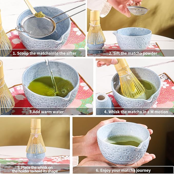 8-Piece Matcha Ceremony Set - Tea Kit with Cherry Blossom Bowl, Bamboo Whisk, Wood Scoops, Tea Cloth & Floral Display - Gift-Ready Pink Cherry color box (blue)