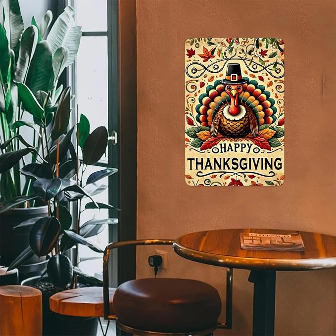 Happy Thanksgiving Sign Vintage Turkey tin Sign Fall Wall Decor Metal Signs for Home Bedroom Living Room Bar Cafe Yard Garden Holiday Decor Gift 08×12 Inch - Image 5