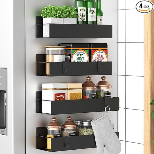HuggieGems 4 Pack Magnetic Spice Storage Rack Organizer for Refrigerator and Oven, Black Fridge Organizers and Storage