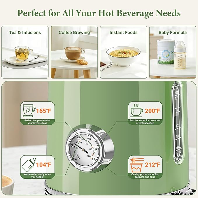 1.7L Electric Tea Kettle with Thermometer, 1500W Retro Stainless Steel Hot Water Kettle,Fast Boil Cordless Electric Kettle,Auto Shut-Off & Boil-Dry Protection