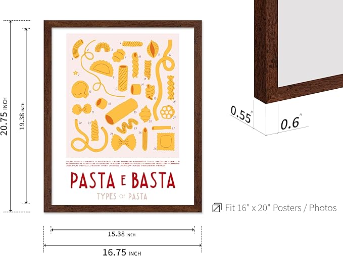 Poster Master Vintage Illustration Poster - Retro Food Print - Types of Pasta, Yellow, Spaghetti, Rotini, Penne - Gift for Artist, Chef - Wall Decor for Kitchen, Restaurant, 16x20 Brown Framed