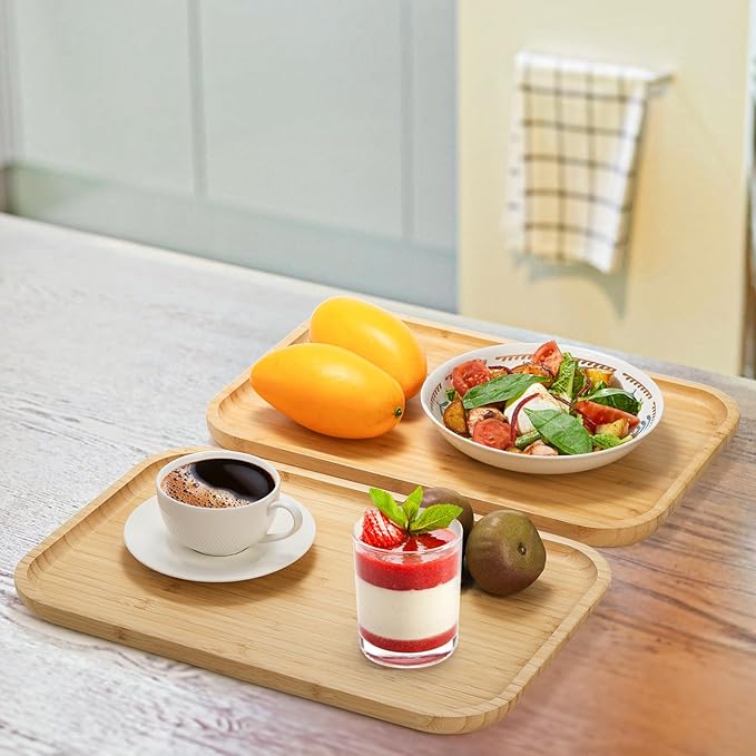 Yarlung 2 Pack Bamboo Tray Cheese Plate, 14x9 Inches Food Serving Saucer Wood Rectangular Platter for Coffee, Tea, Fruit, Plant Pot