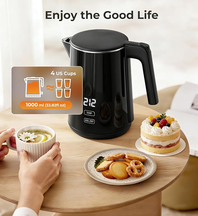 Smart Temperature Control Electric Kettle | 304 Stainless Steel Double-Wall Cool-Touch | 7 Preset Temperatures | 4-Hour Keep Warm | Auto Shut-Off & Boil-Dry Protection - Black