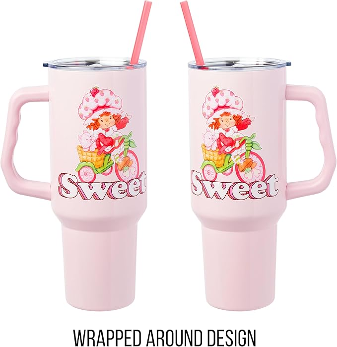 Silver Buffalo Strawberry Shortcake and Custard “Sweet” Double Walled Stainless Steel Tumbler with Handle, Fits in Standard Cup Holder, 40 Ounces