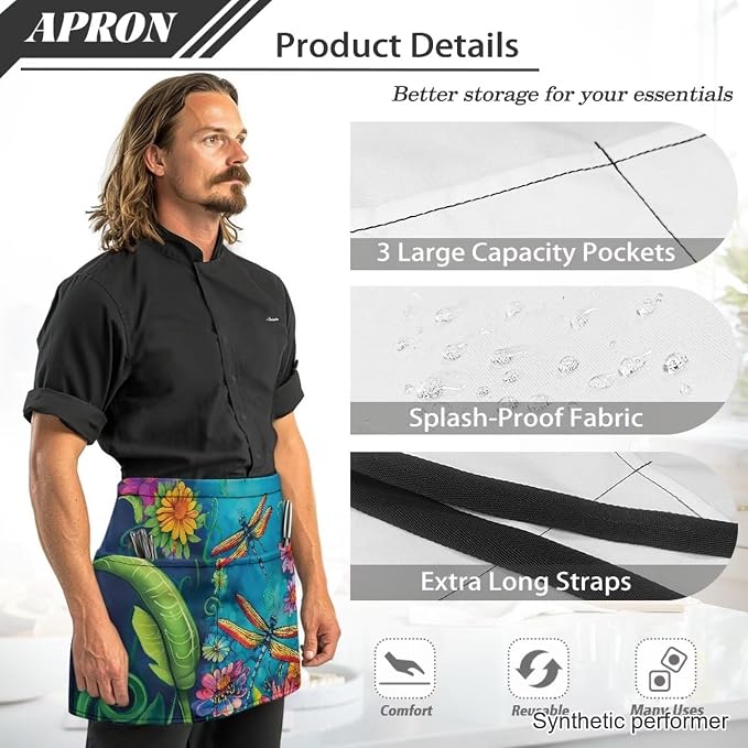 Waist Apron with 3 Pockets Waterproof 13 Inch Short Half Waist Aprons Women Men Server Aprons Waitress Waiter Apron - Image 6