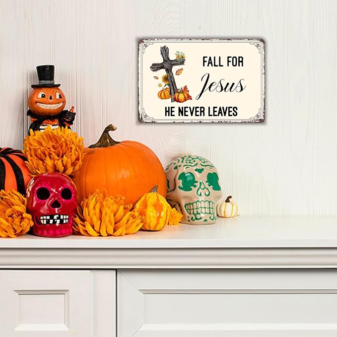 KanaAt Fall Metal Sign Home Decor Autumn Tin Sign Wall Decoration for Jesus He Never Leaves Wall Plaque Decor for Home Kitchen Porch Bedroom Porch Bedroom Coffee Shop Wall Decor 8x12 inch, diany-m83 - Image 7